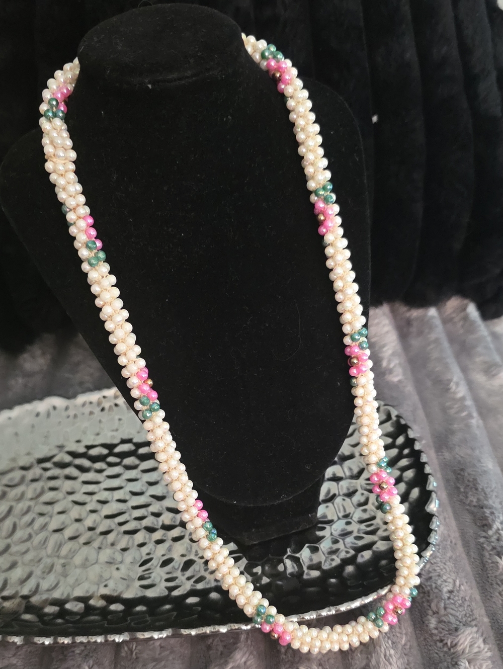 Vintage Cream Pearl Necklace with Pink and Green Accents